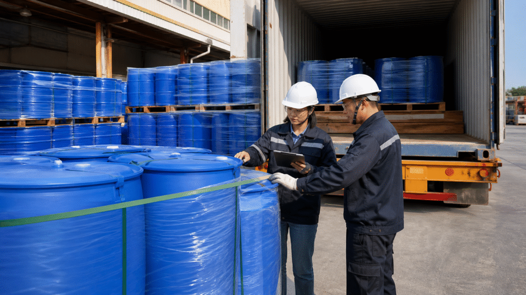 Propionic acid supplier team inspecting export drums before container loading