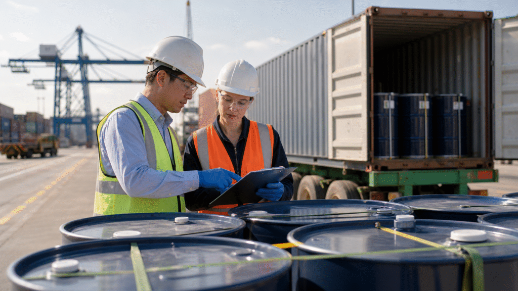 Sulfuric acid supplier and logistics team inspecting export drums before loading