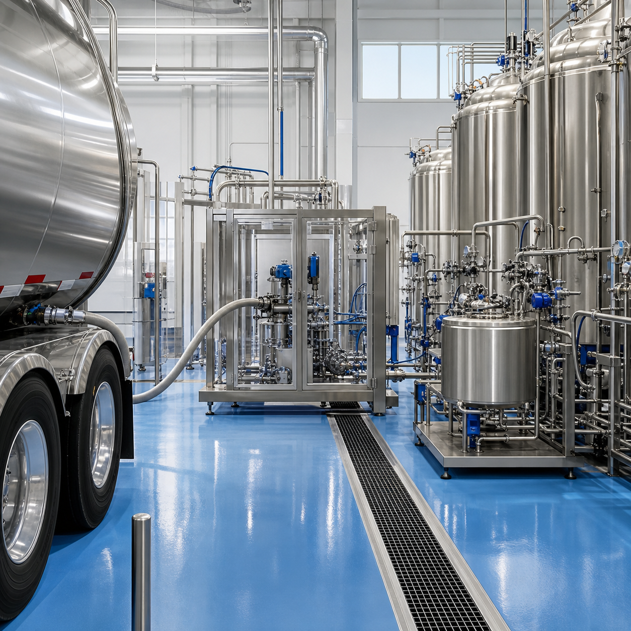 Hygienic food ingredient facility with dedicated glacial acetic acid receiving and dilution system
