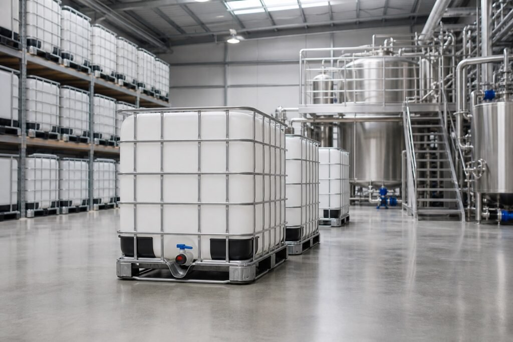 Formic acid IBC packaging in an industrial chemical warehouse