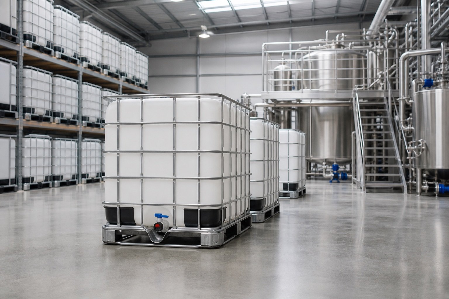 Formic acid IBC packaging in an industrial chemical warehouse