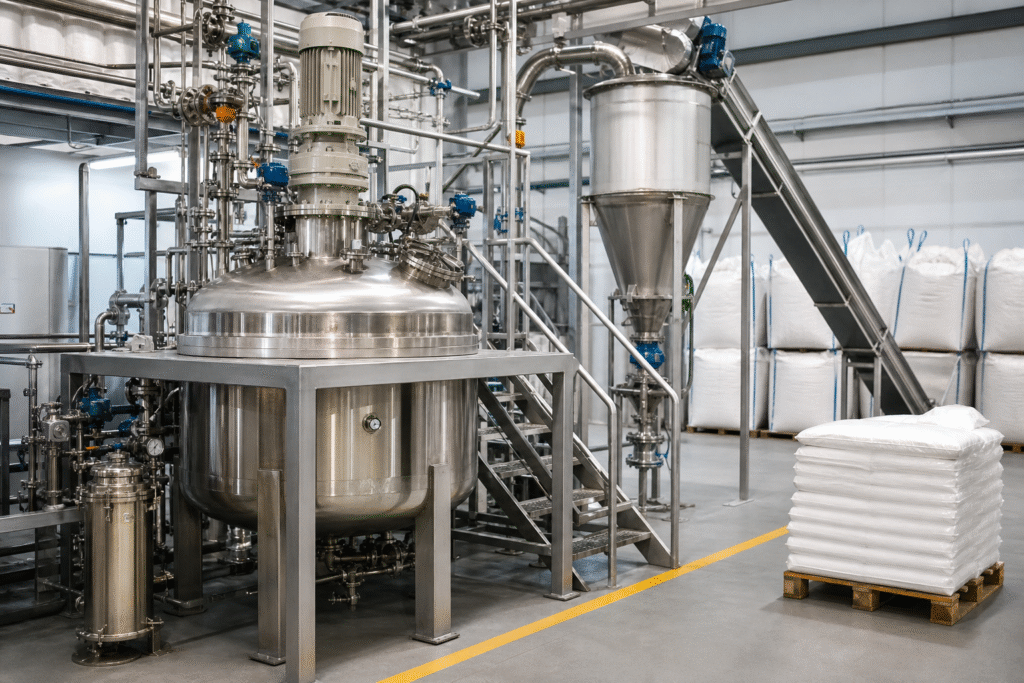 Stainless reactor and packaged formate salt in a clean chemical manufacturing plant