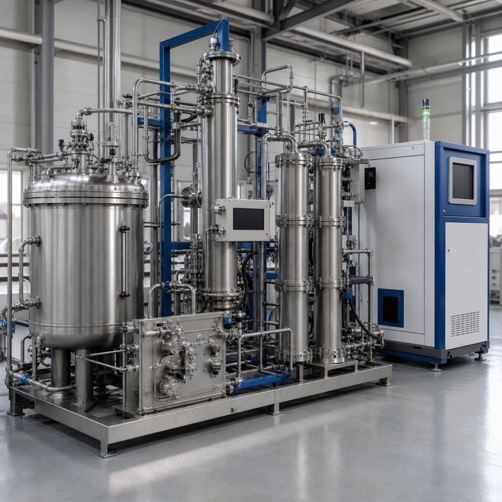 Closed formic acid feed module connected to an industrial hydrogen fuel cell pilot system