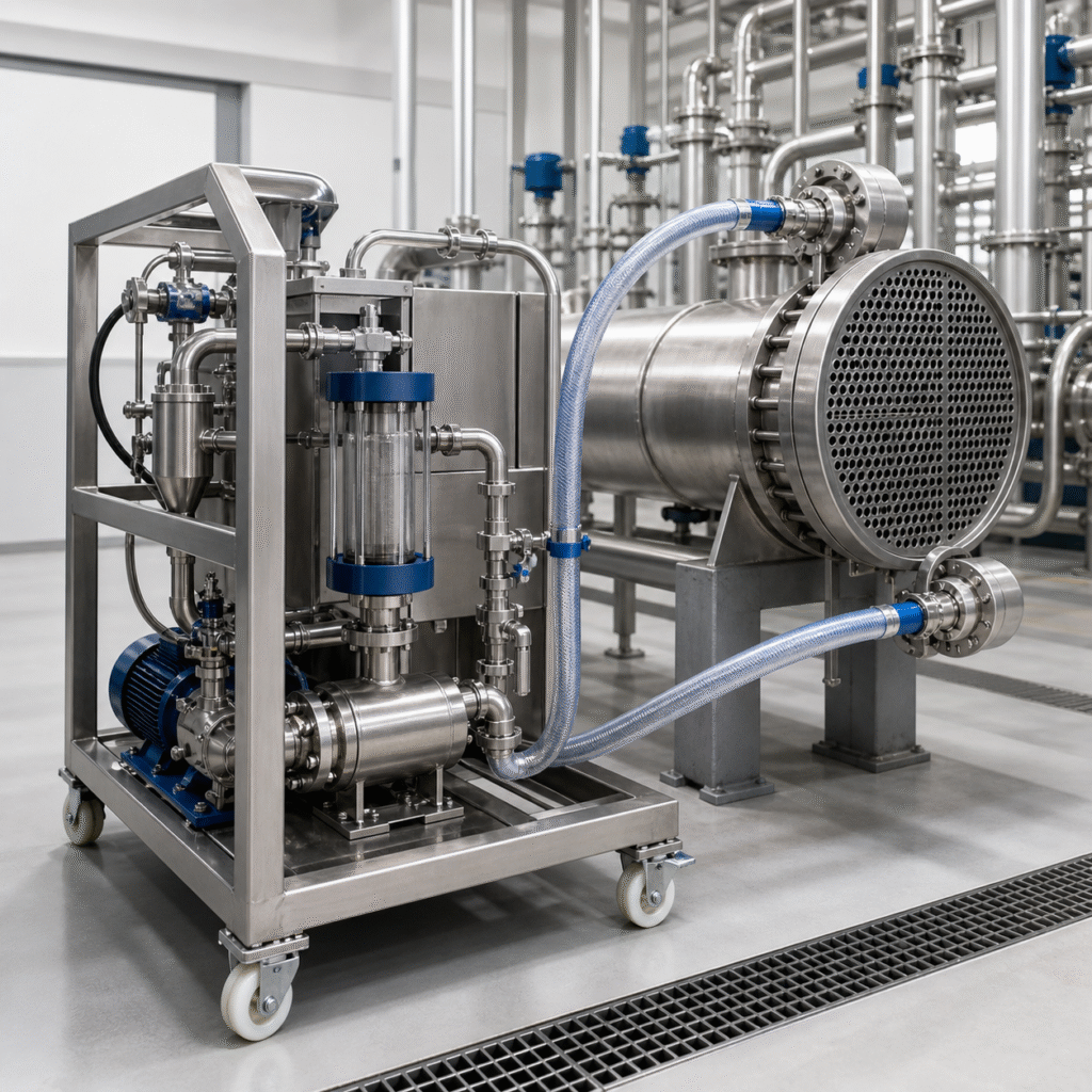 Closed formic acid circulation skid cleaning industrial heat exchanger tubes
