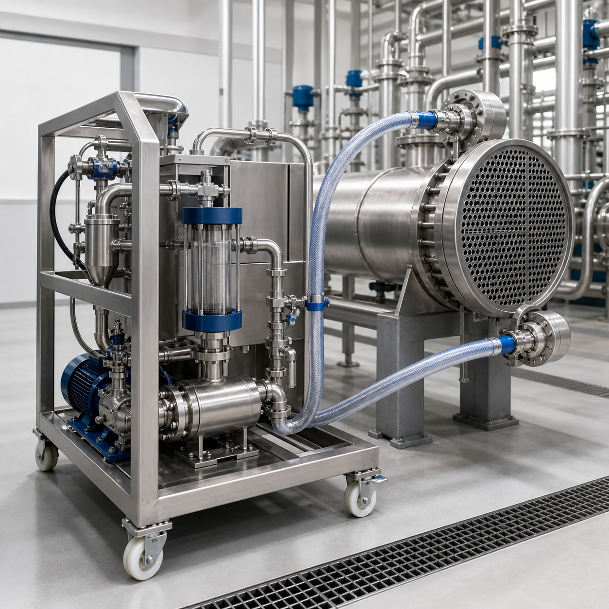 Closed formic acid circulation skid cleaning industrial heat exchanger tubes