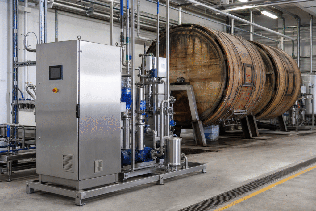 Closed formic acid dosing skid beside industrial leather tanning drums