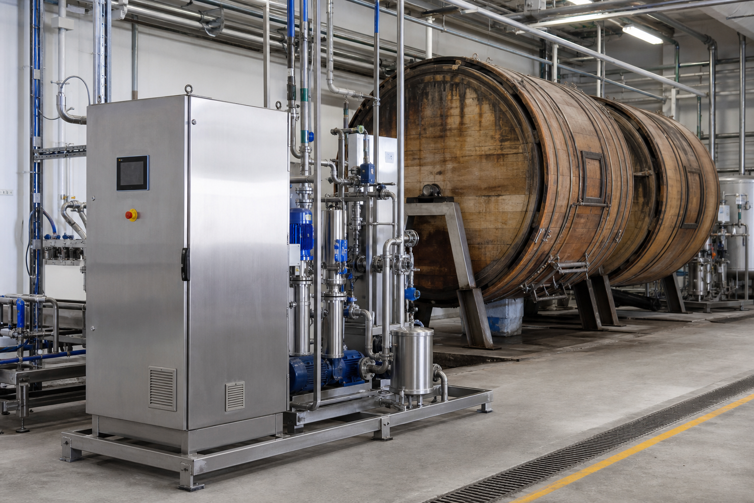 Closed formic acid dosing skid beside industrial leather tanning drums