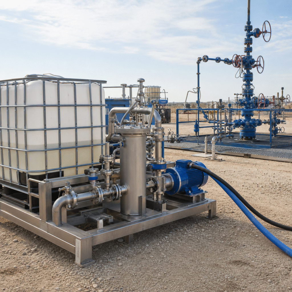 Closed formic acid blending and pumping equipment at an oilfield well stimulation site