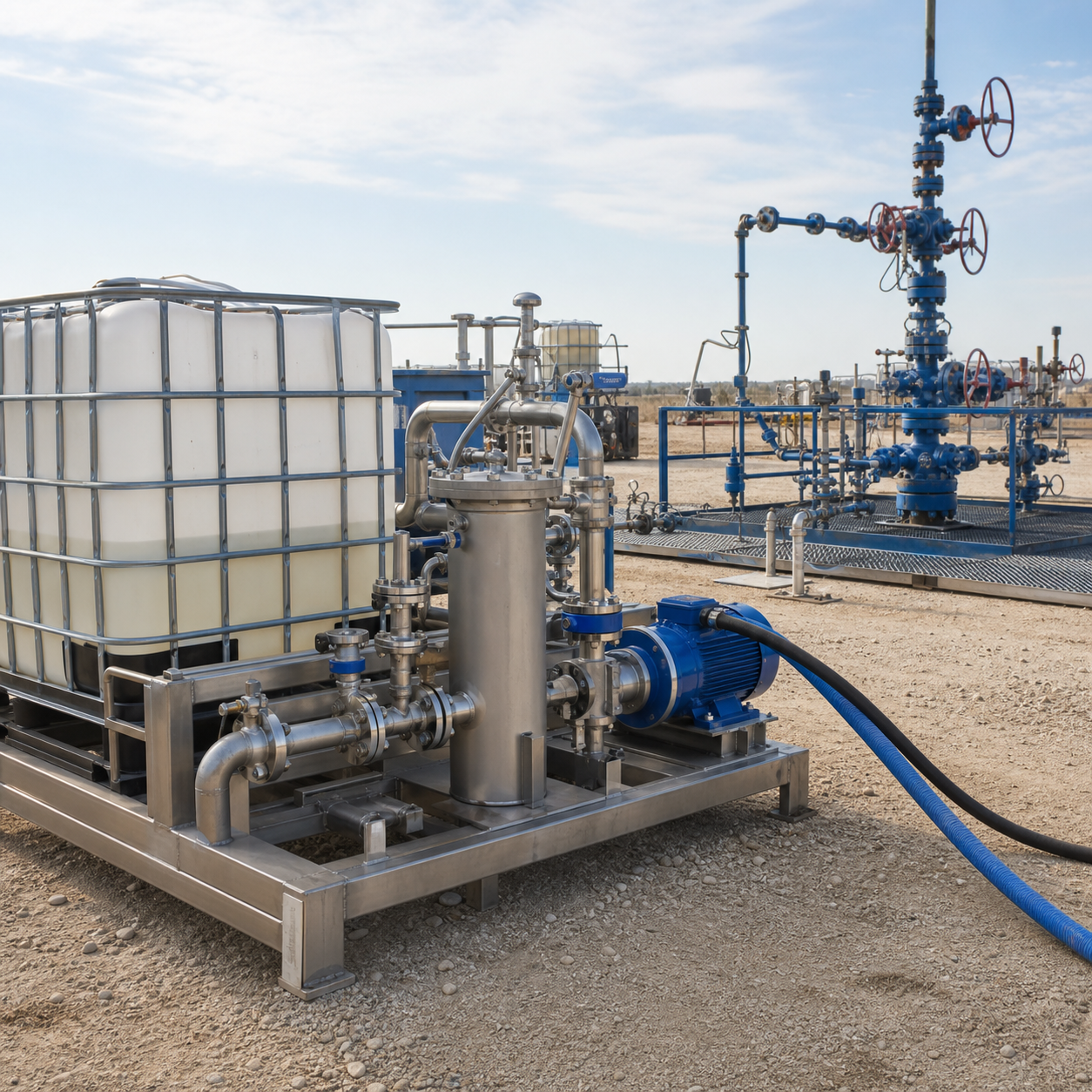 Closed formic acid blending and pumping equipment at an oilfield well stimulation site