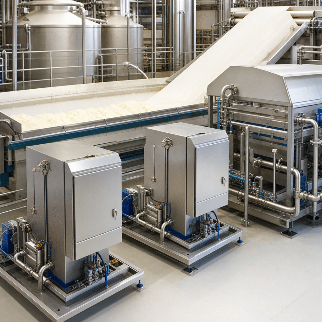 Closed formic acid and peroxide metering equipment beside a modern pulp processing line