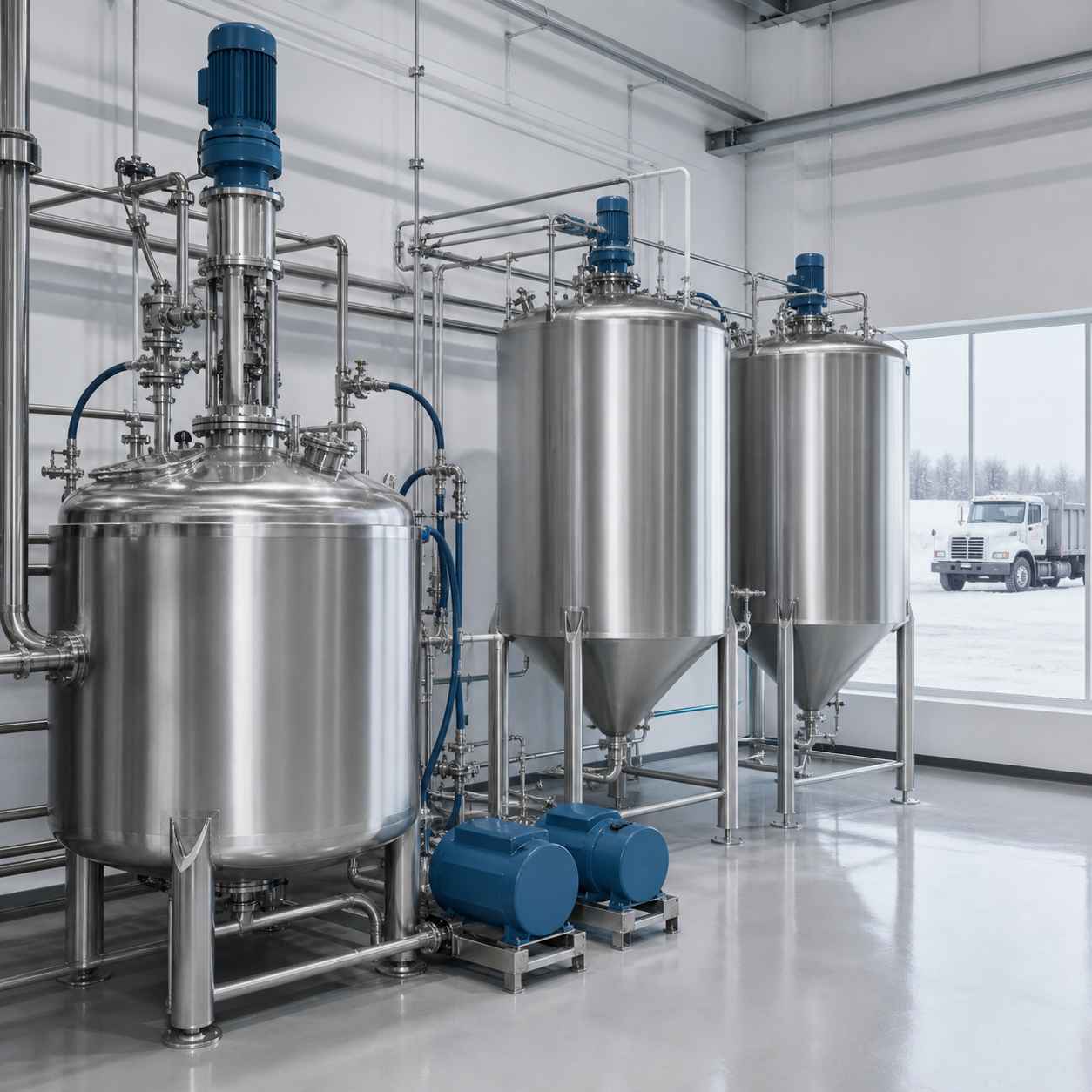 Formic acid neutralization and potassium formate blending equipment at an airport deicer plant