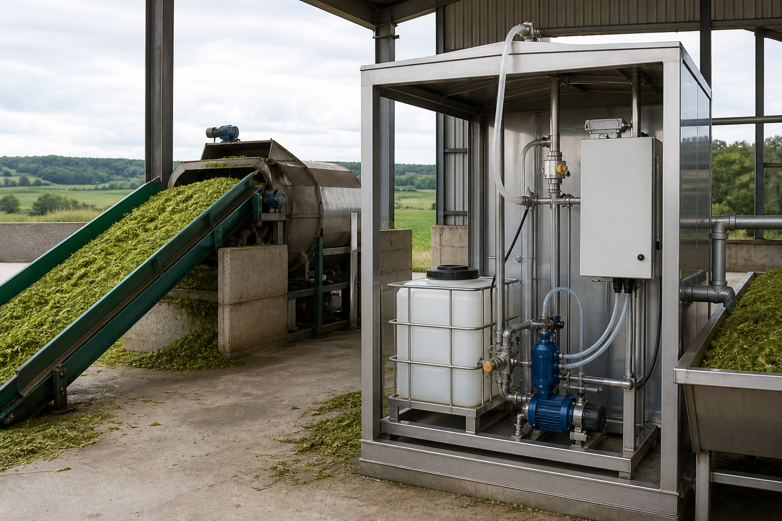 Enclosed formic acid dosing system beside a modern silage processing line