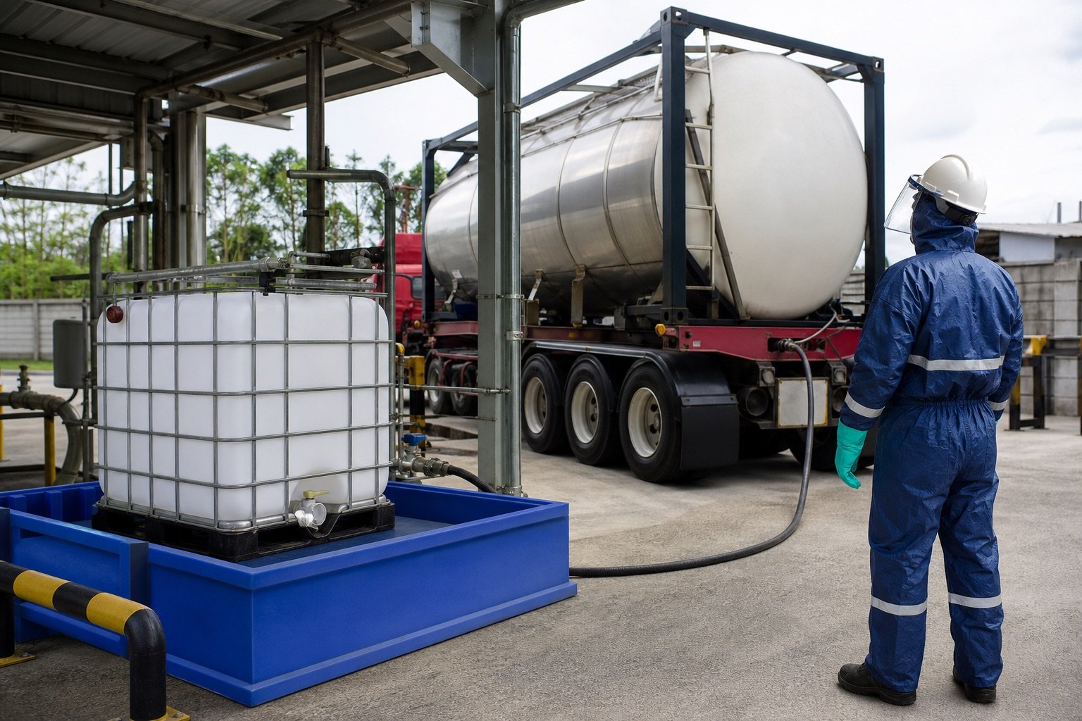Safe formic acid IBC storage and tanker transport operation