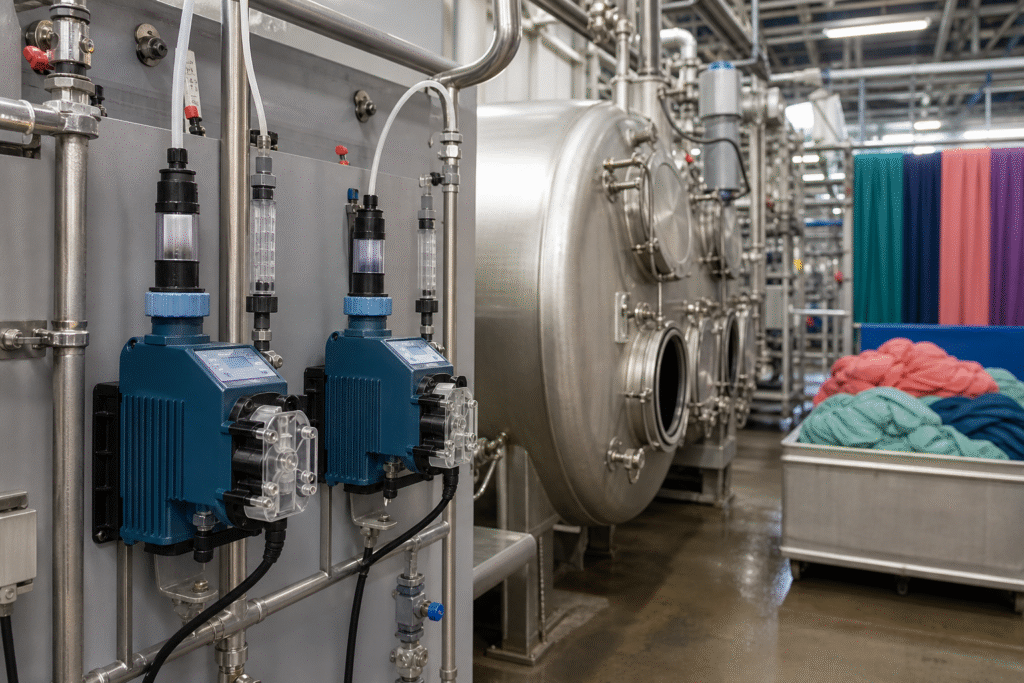 Automated formic acid metering pumps beside industrial textile dyeing vessels