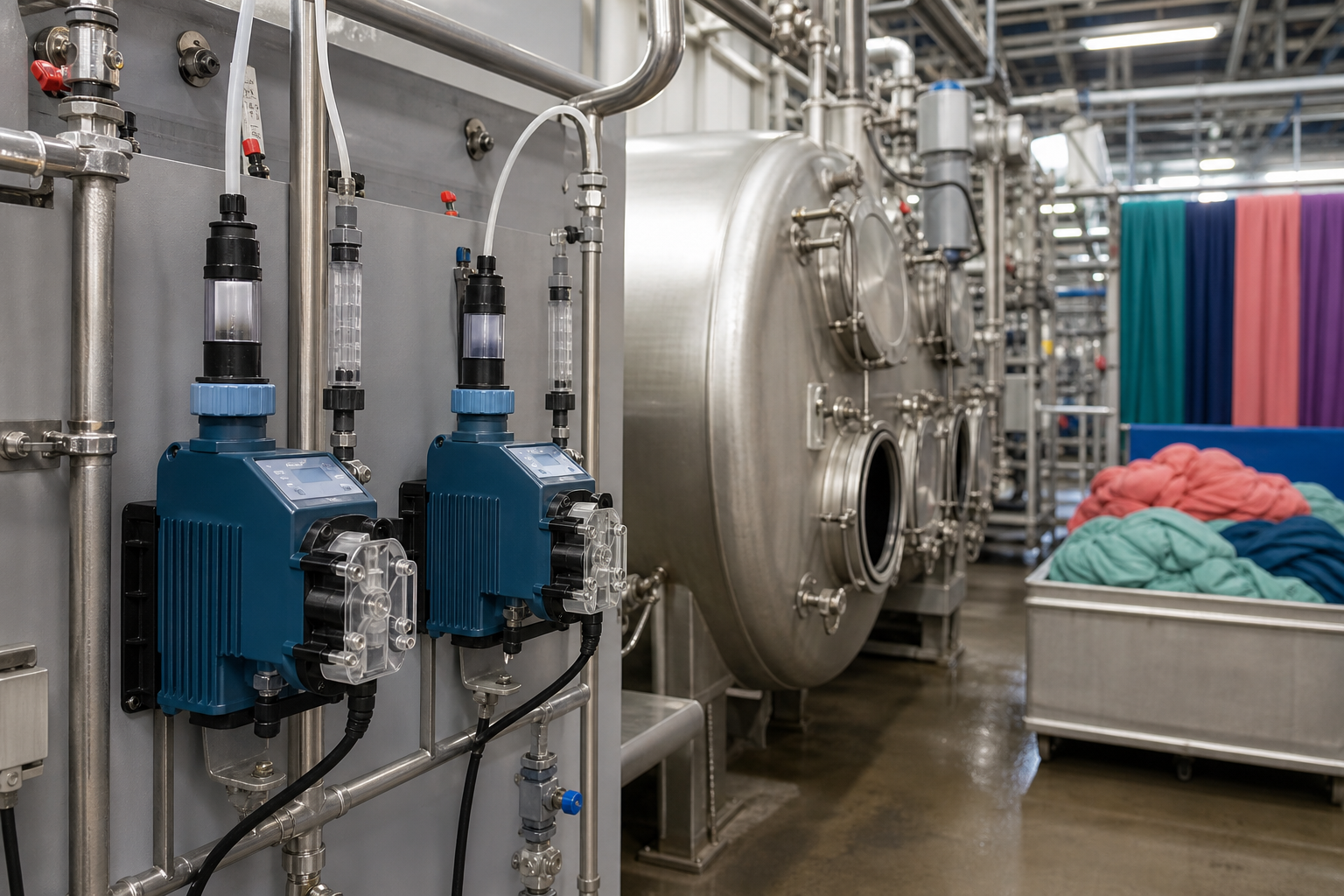 Automated formic acid metering pumps beside industrial textile dyeing vessels