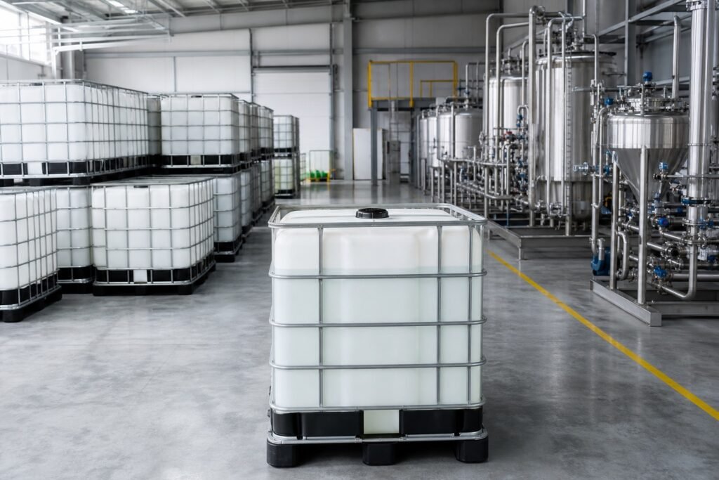 Glacial acetic acid IBC packaging in a modern chemical plant