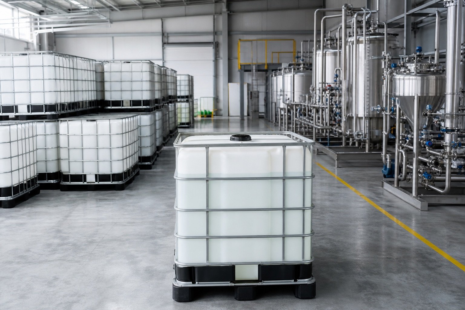 Glacial acetic acid IBC packaging in a modern chemical plant