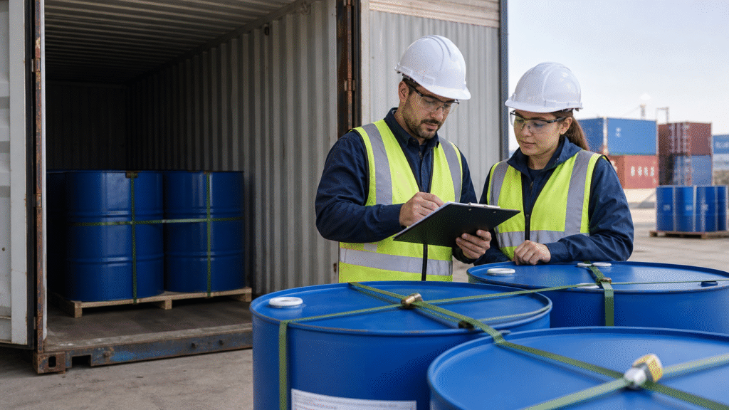 Export team checking glacial acetic acid drums and shipping documents before container sealing