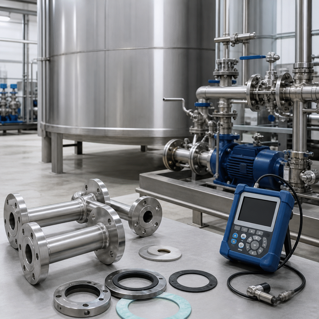 Glacial acetic acid storage tank piping gaskets and corrosion inspection station in a chemical plant