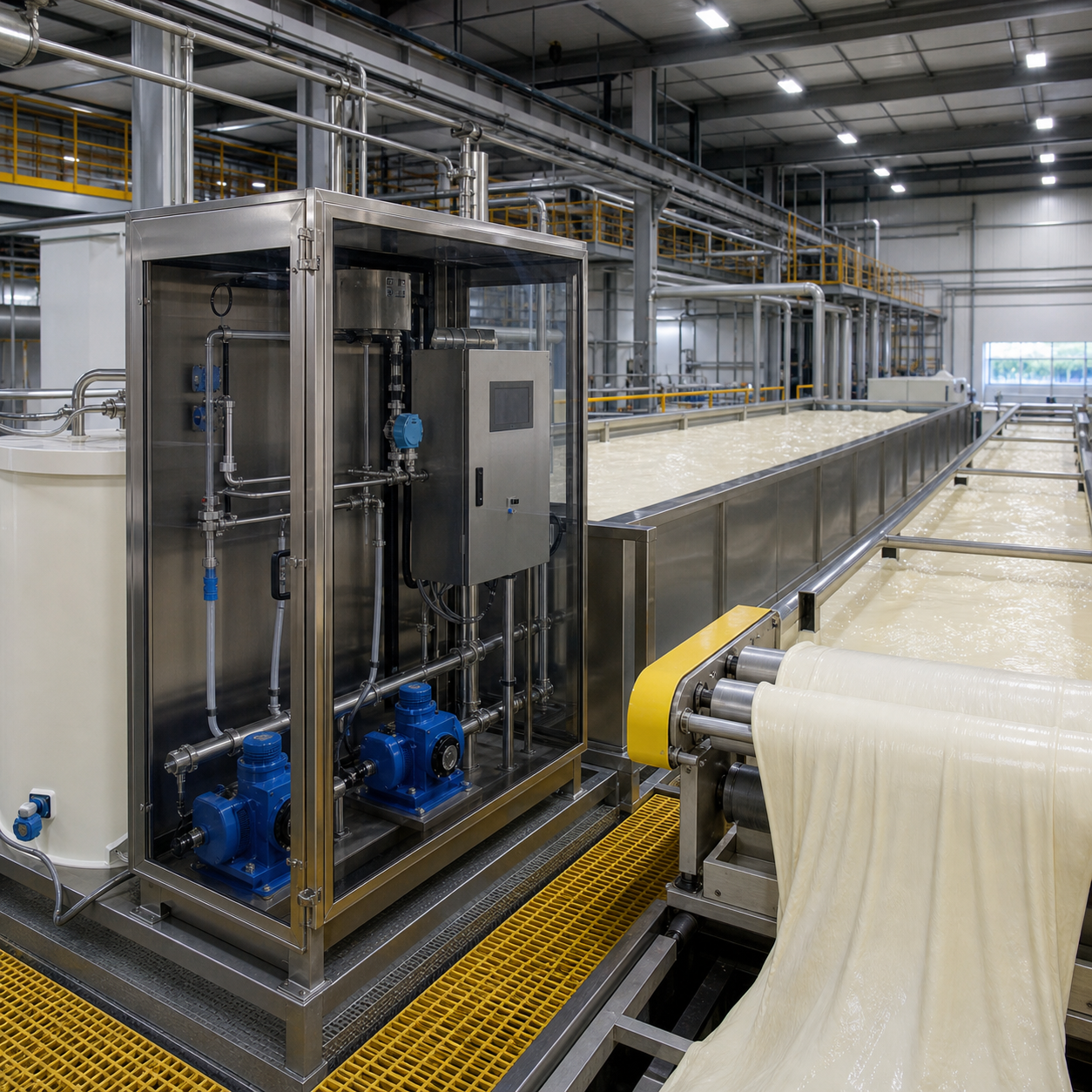 Natural rubber latex processing line with controlled glacial acetic acid dilution and coagulation tanks