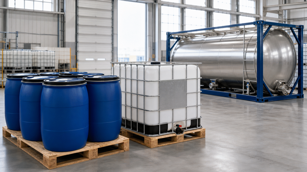 Glacial acetic acid packaging options with drums, an IBC and an ISO tank container