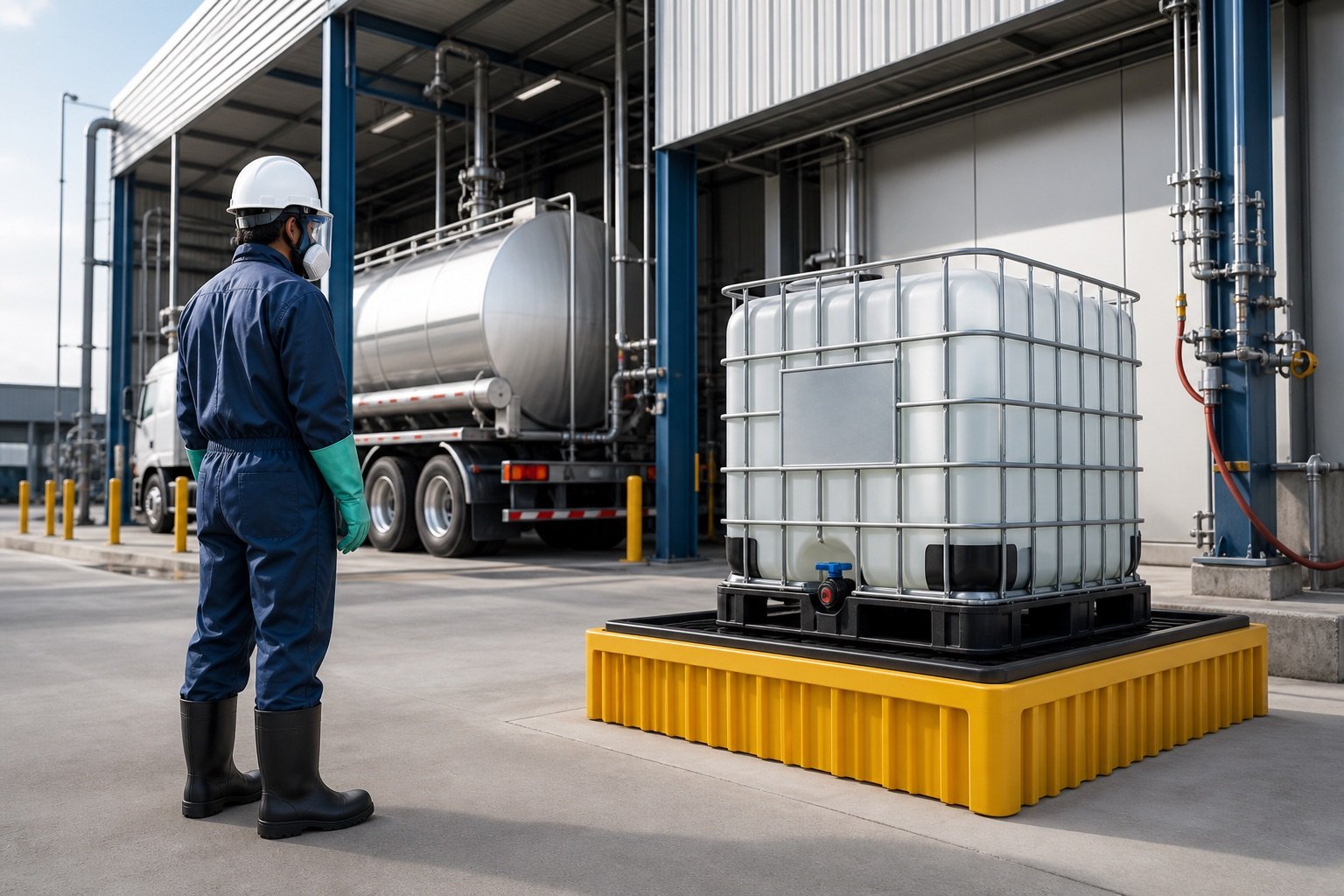 Safe storage and transport area for glacial acetic acid in IBC packaging