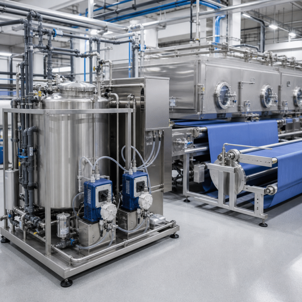 Automated glacial acetic acid dilution and dosing skid beside a continuous textile dyeing line