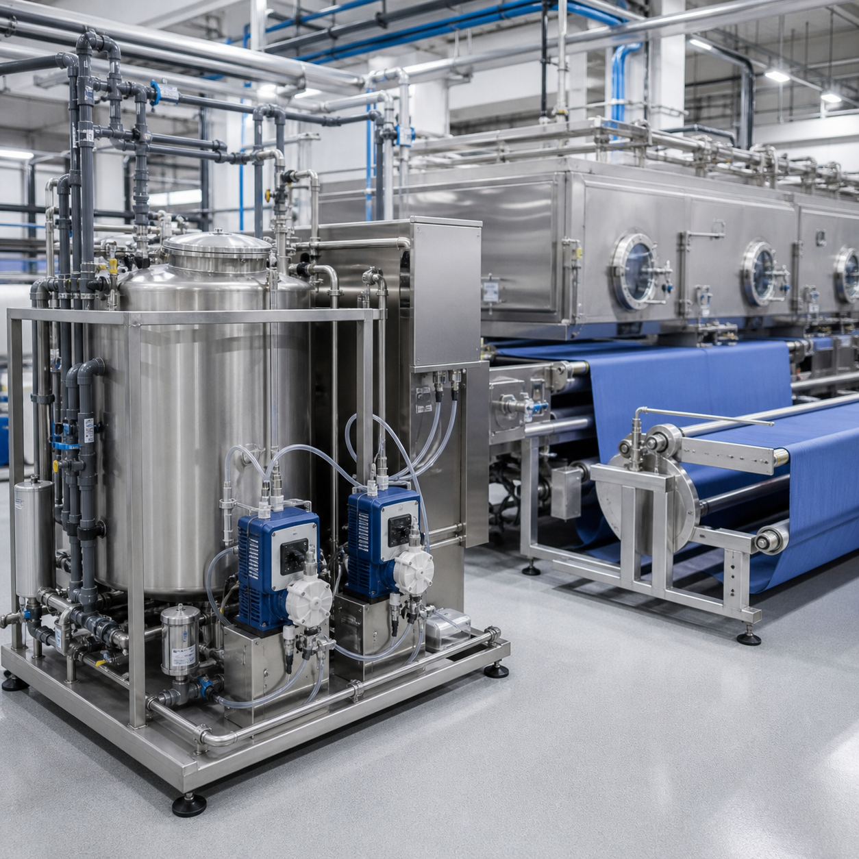 Automated glacial acetic acid dilution and dosing skid beside a continuous textile dyeing line
