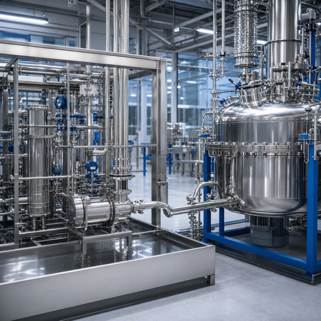 High-purity glacial acetic acid delivery skid connected to a closed fine chemical synthesis reactor
