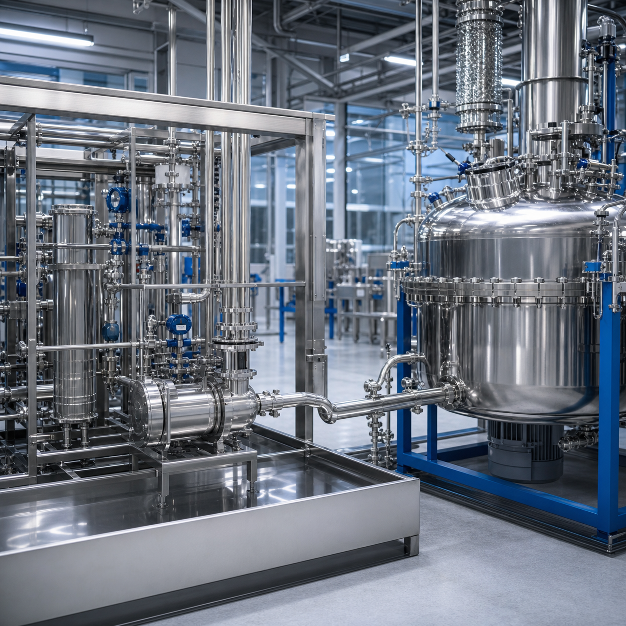 High-purity glacial acetic acid delivery skid connected to a closed fine chemical synthesis reactor