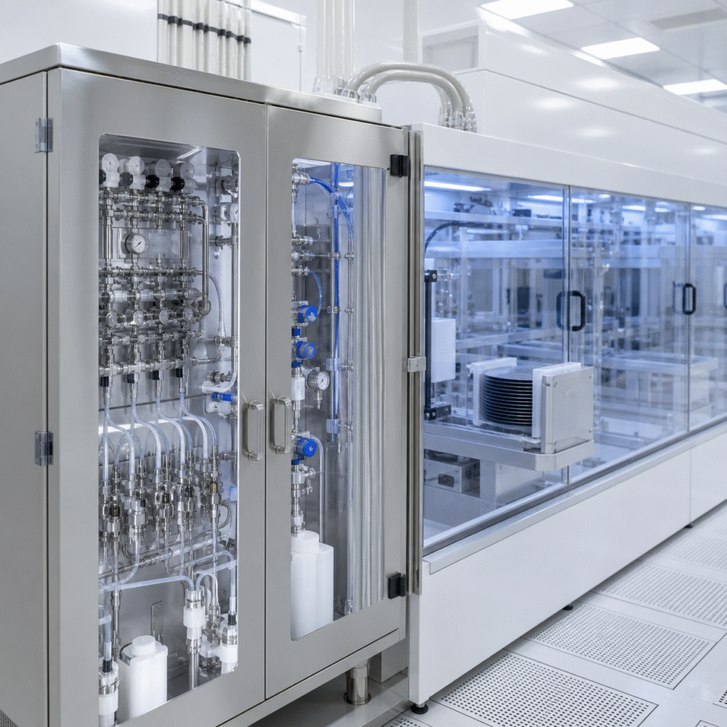 High-purity hydrogen peroxide chemical delivery cabinet connected to an enclosed semiconductor wafer cleaning tool