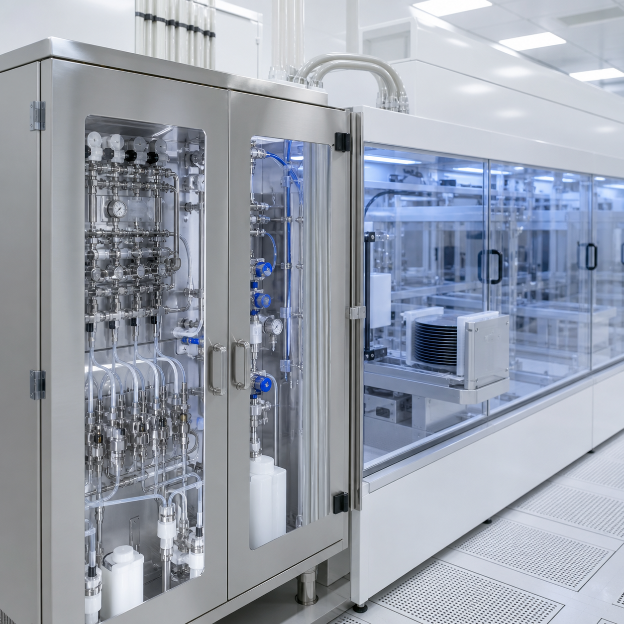 High-purity hydrogen peroxide chemical delivery cabinet connected to an enclosed semiconductor wafer cleaning tool