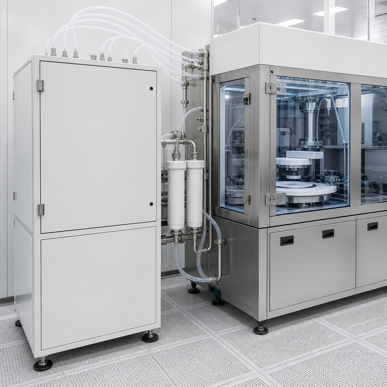 High-purity nitric acid delivery cabinet connected to an enclosed electronics cleaning tool