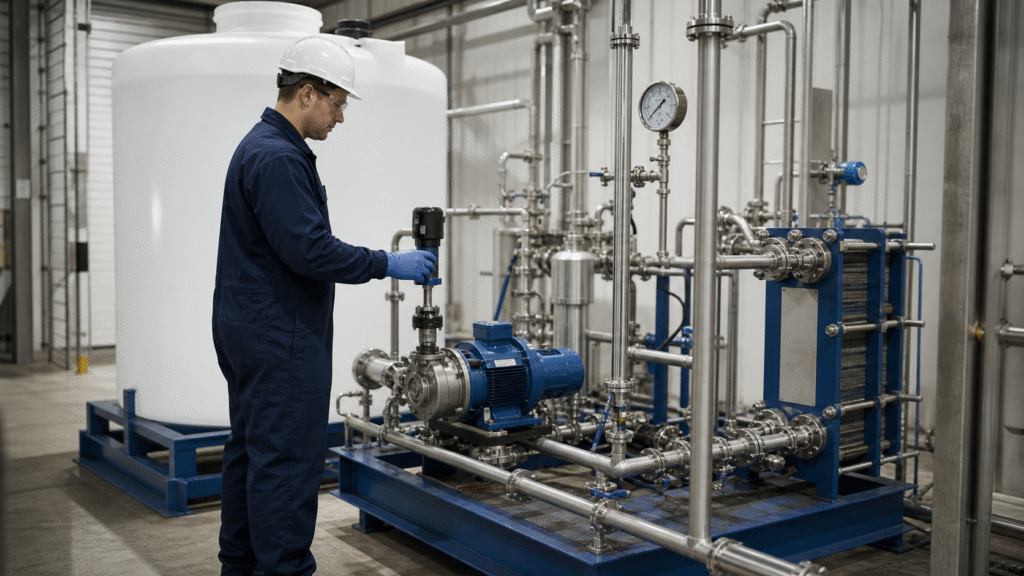 Operator monitoring a closed glacial acetic acid dilution skid with heat exchanger and metering pump
