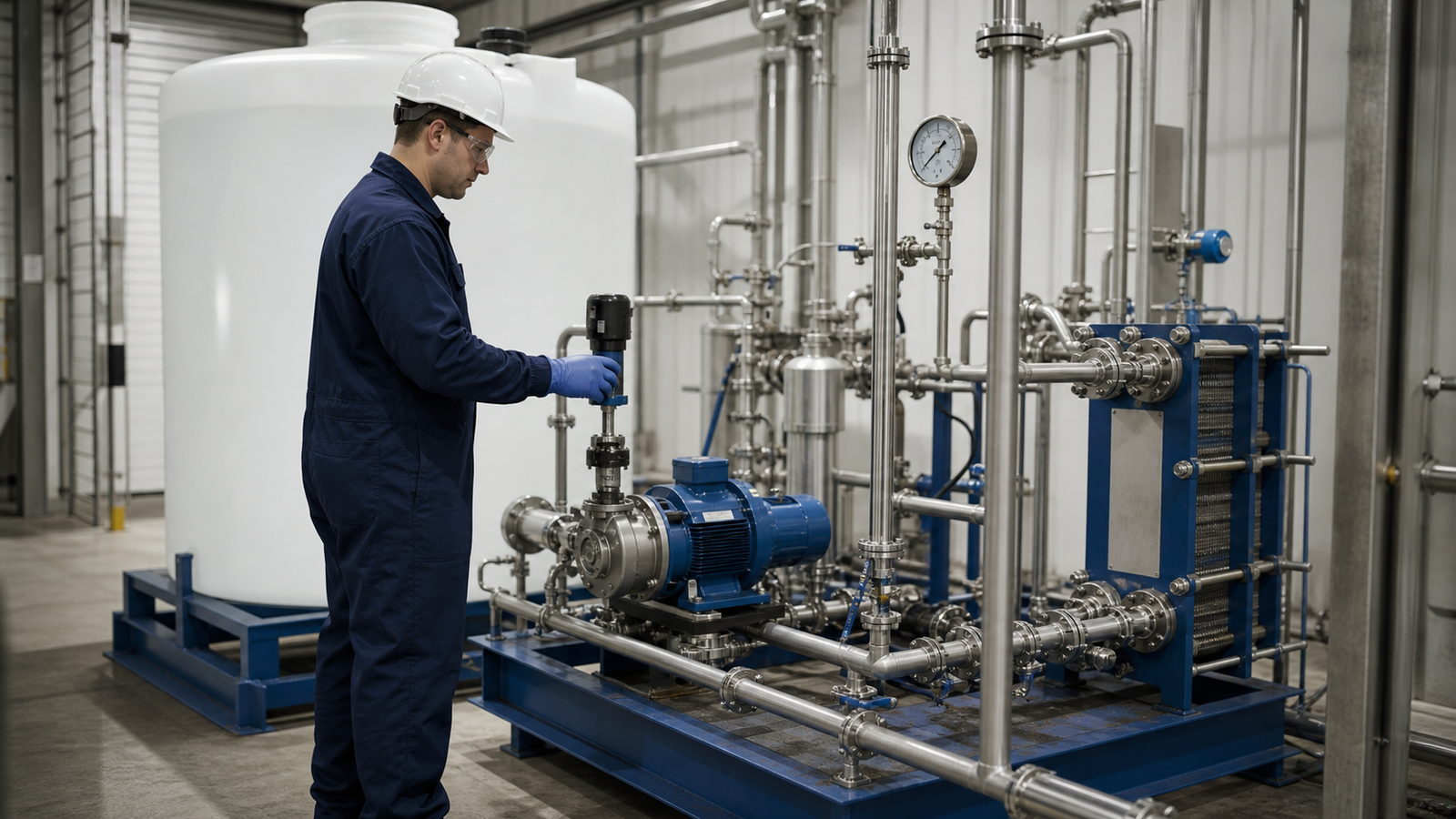 Operator monitoring a closed glacial acetic acid dilution skid with heat exchanger and metering pump