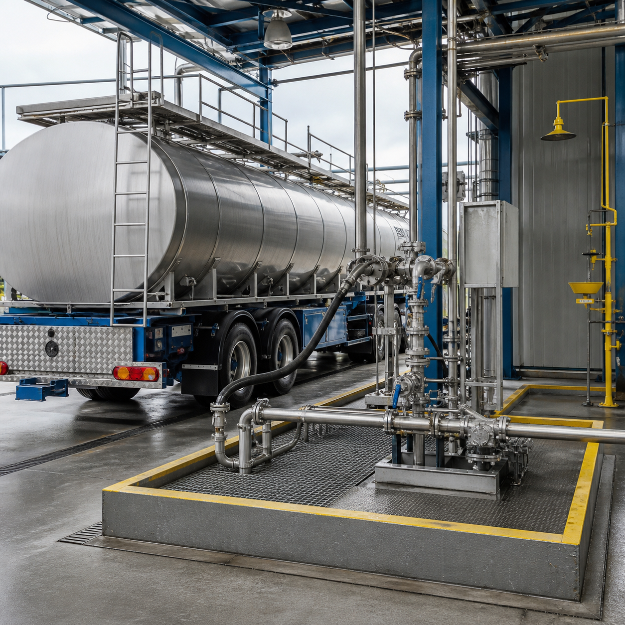 Industrial hydrochloric acid loading bay with sealed chemical tanker and corrosion-resistant transfer line