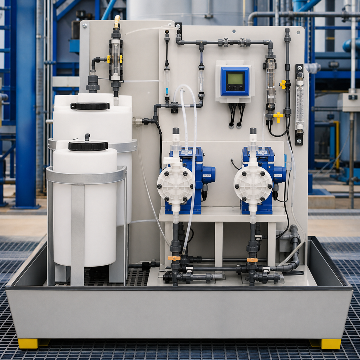 Automated hydrochloric acid dosing skid with metering pumps and inline pH instrumentation