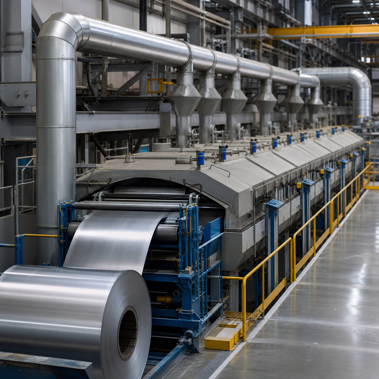 Enclosed industrial steel pickling line with hydrochloric acid tanks and fume extraction hood