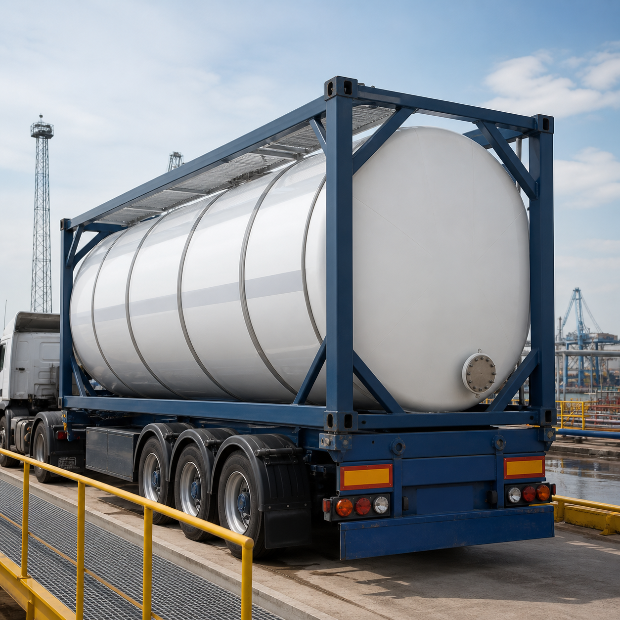 Sealed hydrochloric acid ISO tank container at an industrial export terminal with safety inspection in progress