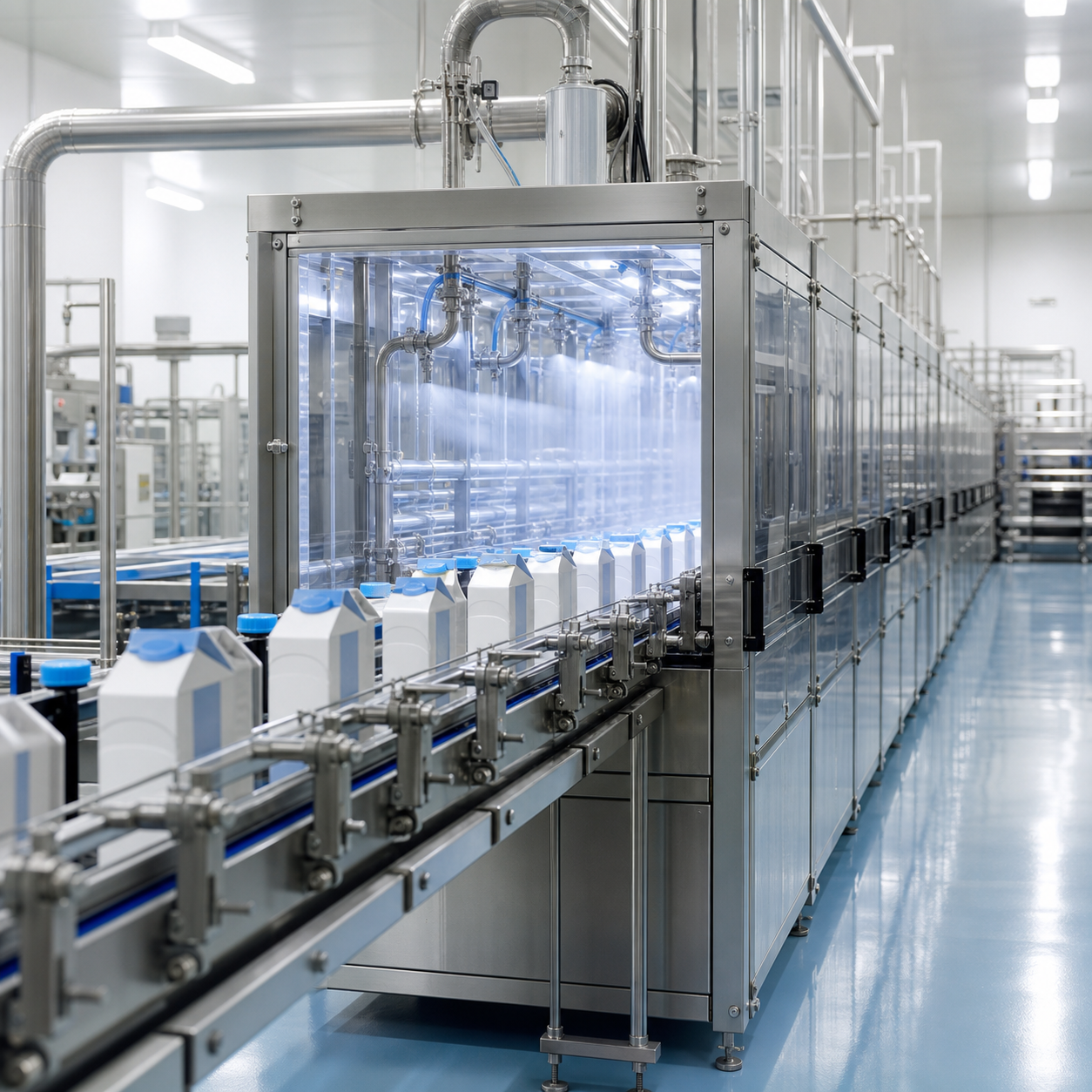 Enclosed aseptic packaging sterilization line using controlled hydrogen peroxide application and hot sterile air