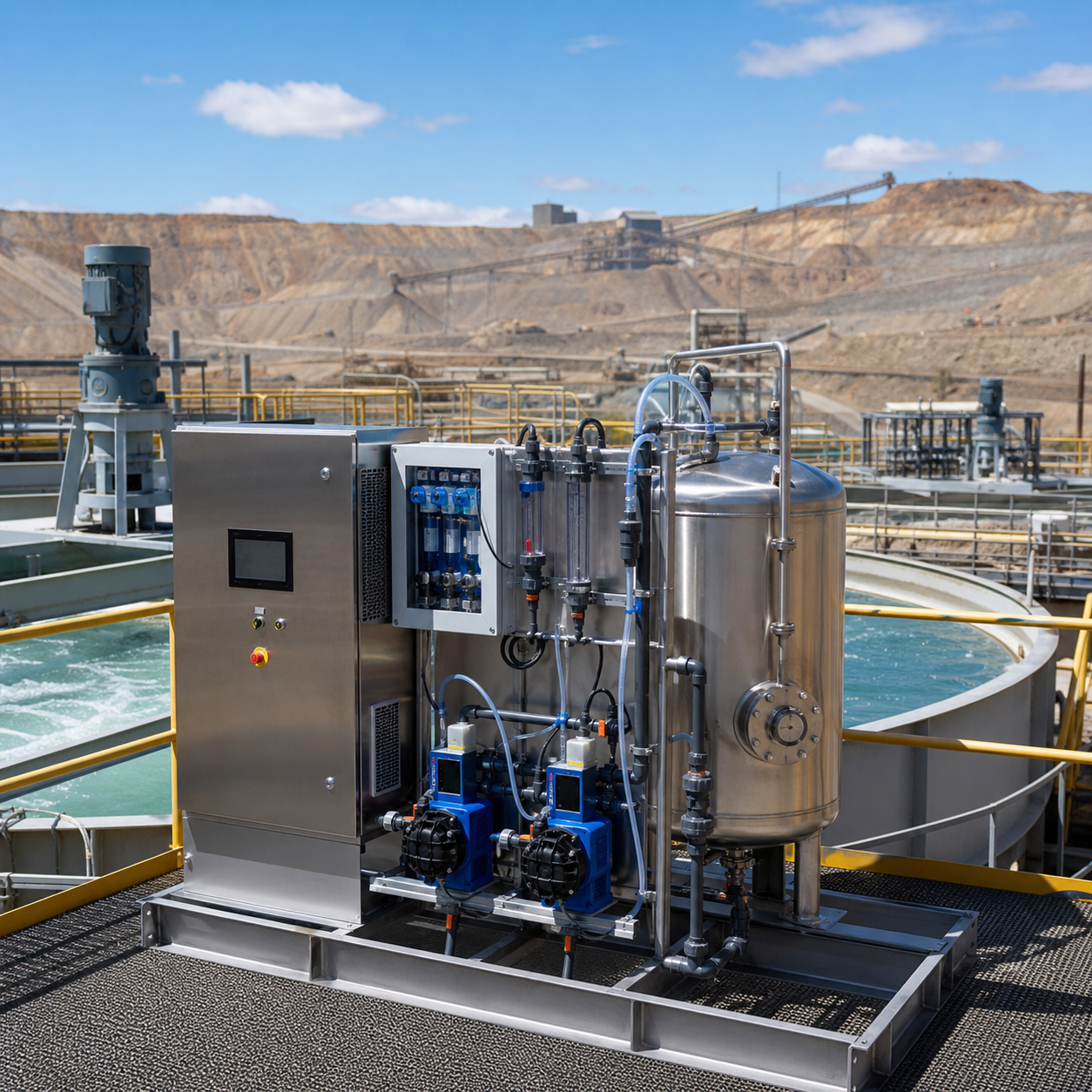 Enclosed hydrogen peroxide dosing system treating cyanide-bearing water at a gold processing facility