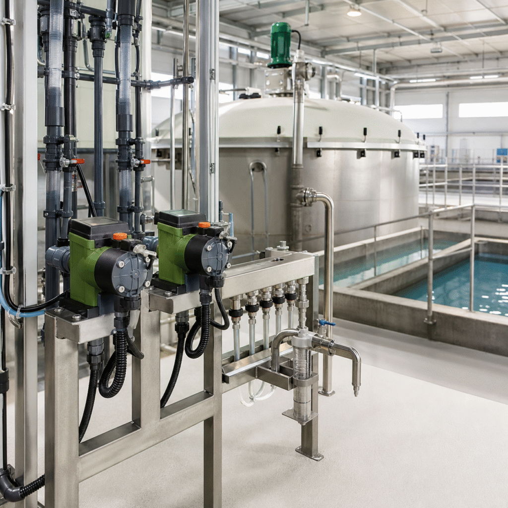 Closed hydrogen peroxide dosing skid beside industrial wastewater oxidation reactors
