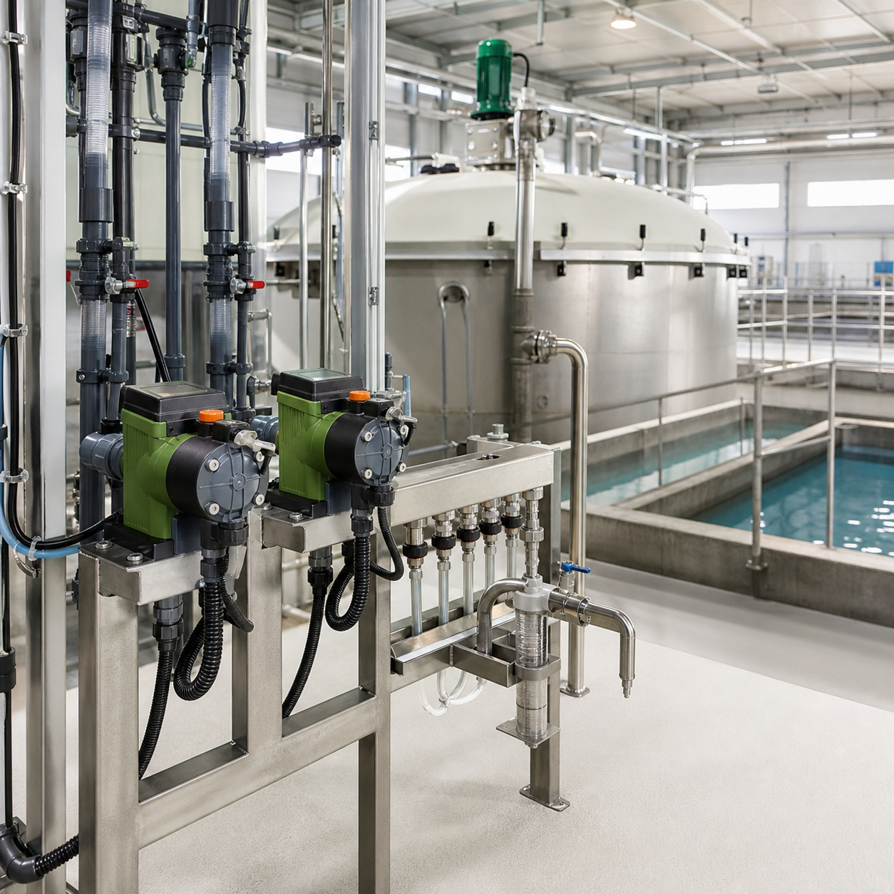 Closed hydrogen peroxide dosing skid beside industrial wastewater oxidation reactors