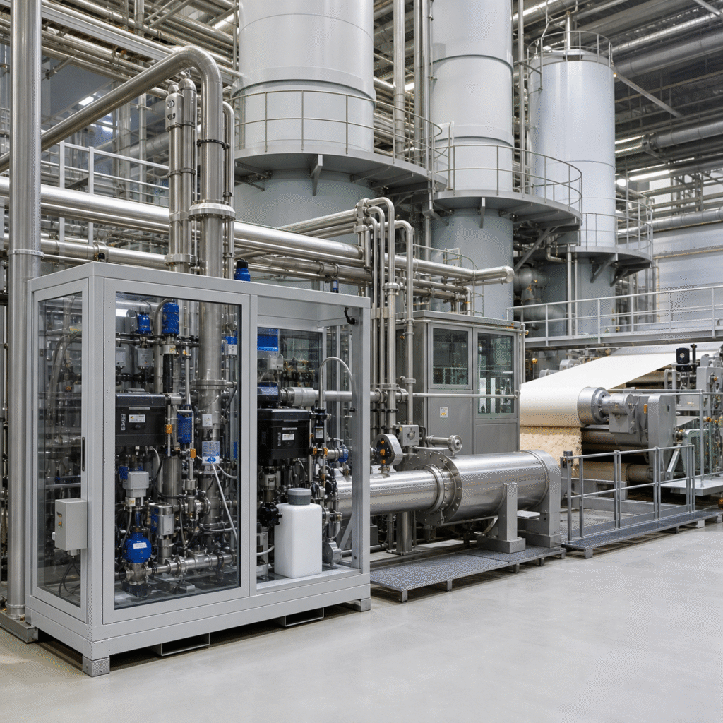 Closed hydrogen peroxide dosing skid beside a modern pulp and paper bleaching line