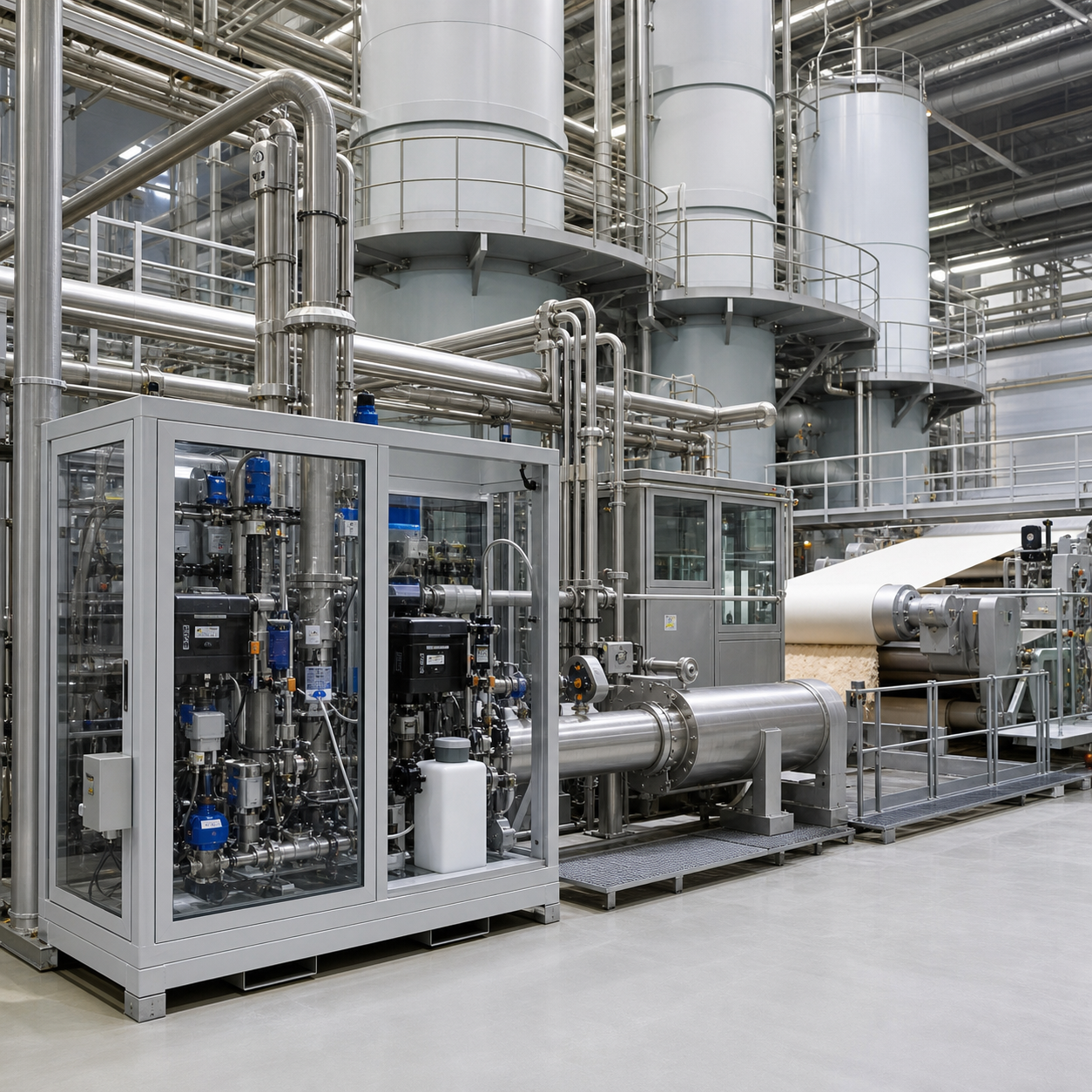 Closed hydrogen peroxide dosing skid beside a modern pulp and paper bleaching line