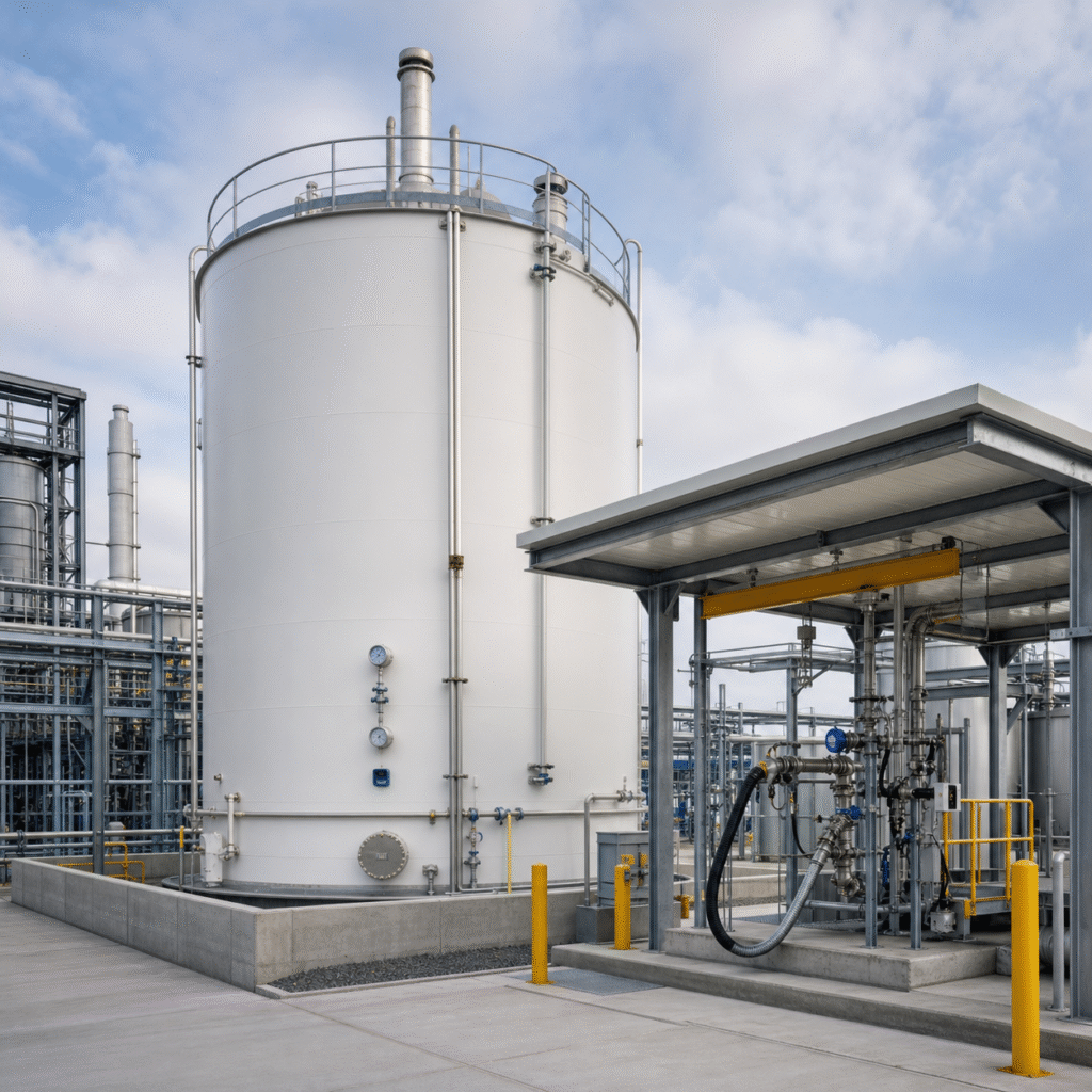 Dedicated industrial hydrogen peroxide storage tank with vent system and protected transfer station