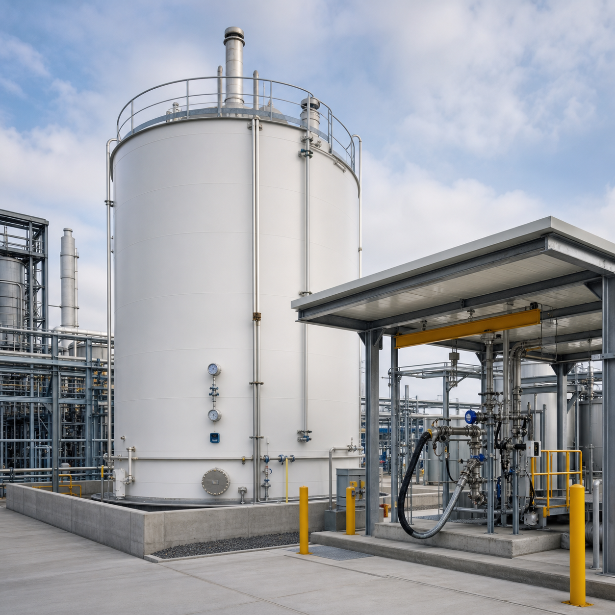Dedicated industrial hydrogen peroxide storage tank with vent system and protected transfer station