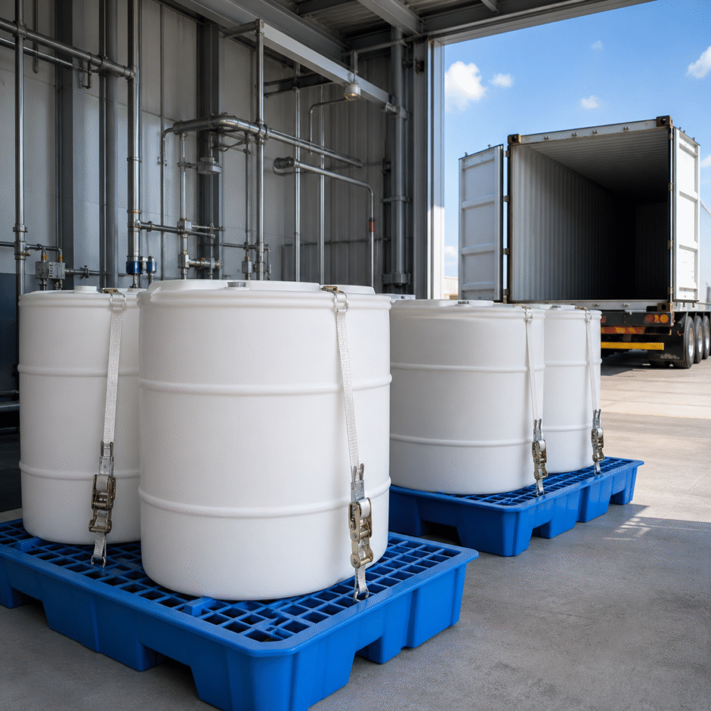 Vented hydrogen peroxide export drums secured on pallets before freight container loading