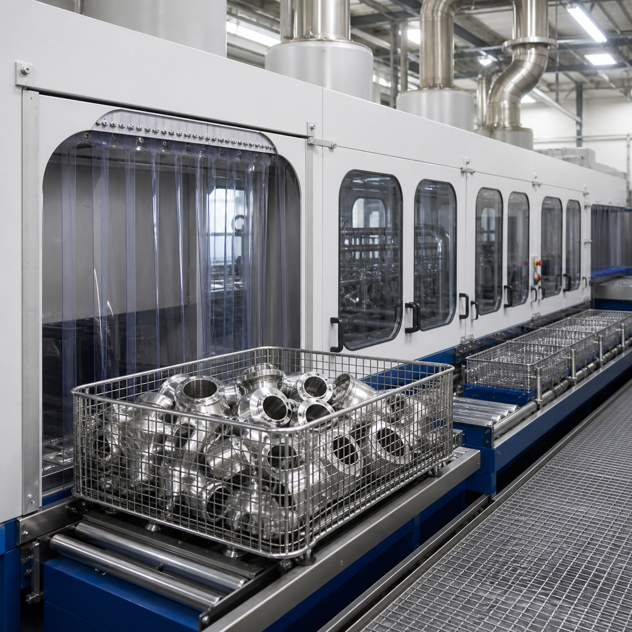 Closed nitric acid passivation line processing stainless steel components in a metal finishing plant