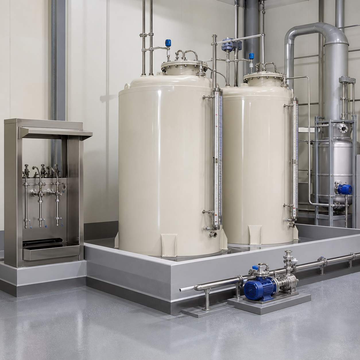 Dedicated nitric acid storage tanks with secondary containment and closed transfer equipment